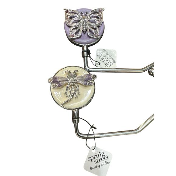 SPRING STREET BUTTERFLY DRAGONFLY PURSE HANDBAG HOLDERS SET OF 2 LAVENDER CREAM - Picture 2 of 4